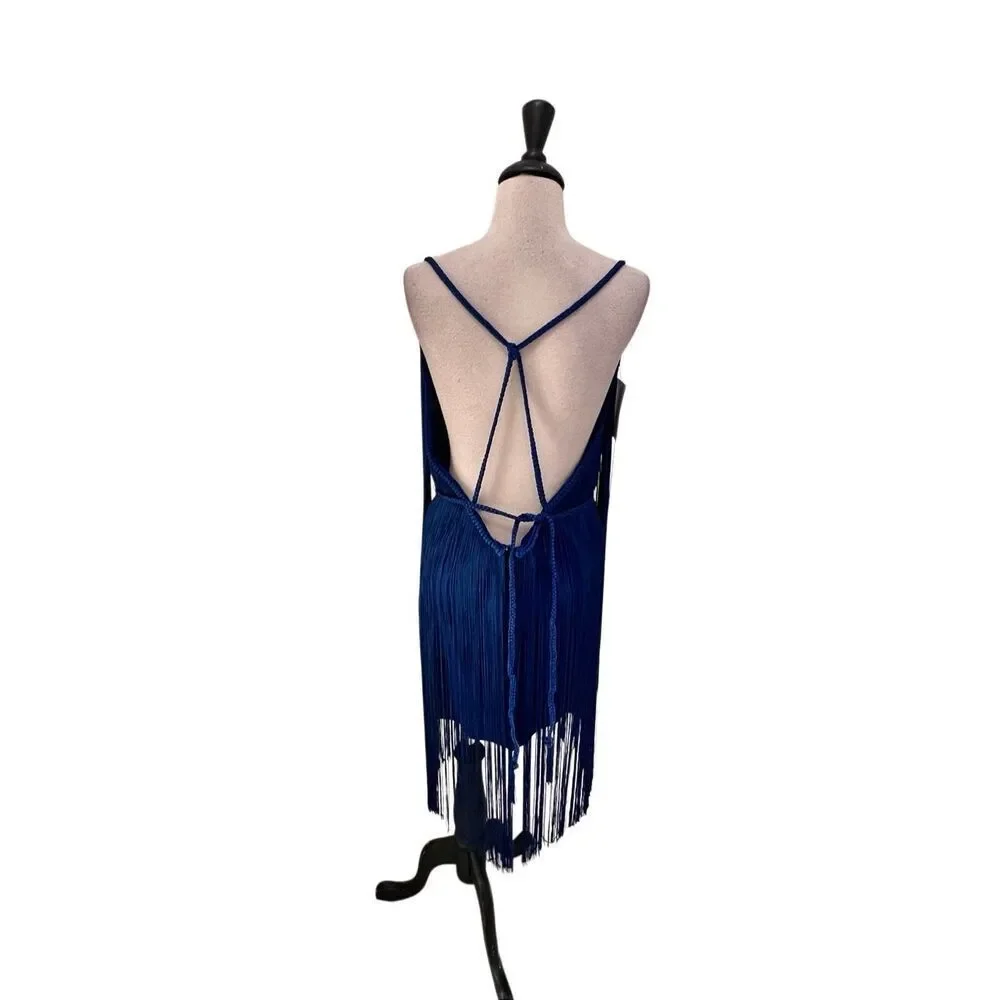 Free People Women's Fringe Element Halter Bodycon Dress Blue Large NWT